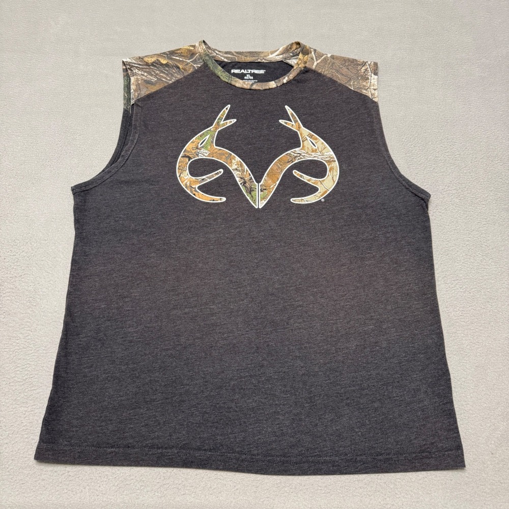 Realtree Muscle Shirt Mens XL Gray Camo Antler Logo Cotton Blend Hunting Tank